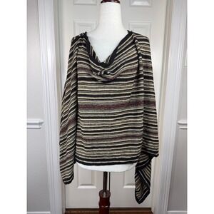 Lauren Ralph Lauren Black Beige Striped 100% Linen Knit Poncho Wrap One Size